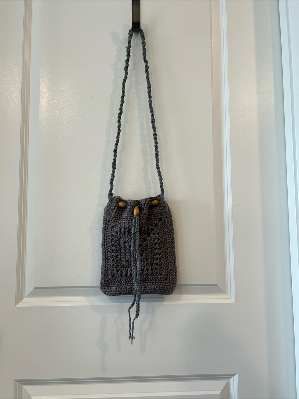 Handmade Gray Crochet Crossbody Bag with Wooden Bead Details